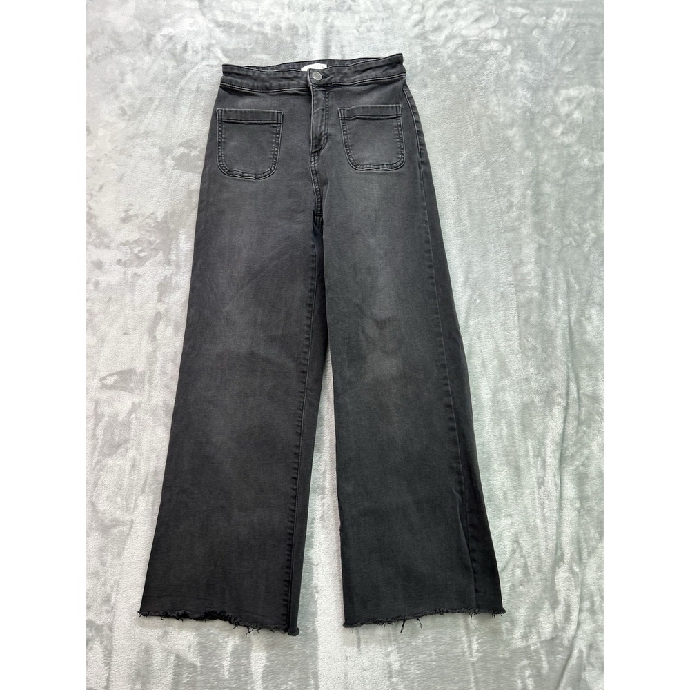 Lauren Conrad Super High Rise Wide Leg Denim Trousers Women 4 Black Raw Hem Boho